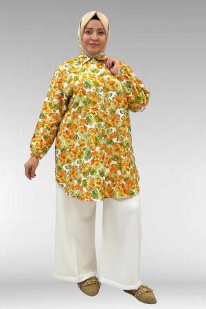 68010 Büyük Beden Yanları Yırtmaçlı Kolları Lastikli Mango Tunik - Çiçek Desen Yeşil - 