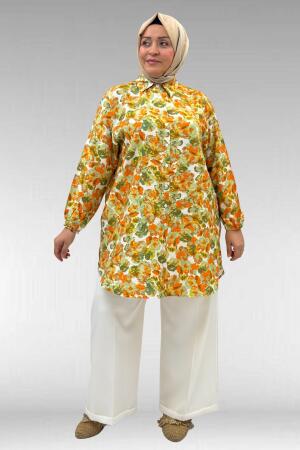 68010 Büyük Beden Yanları Yırtmaçlı Kolları Lastikli Mango Tunik - Çiçek Desen Yeşil - (1)