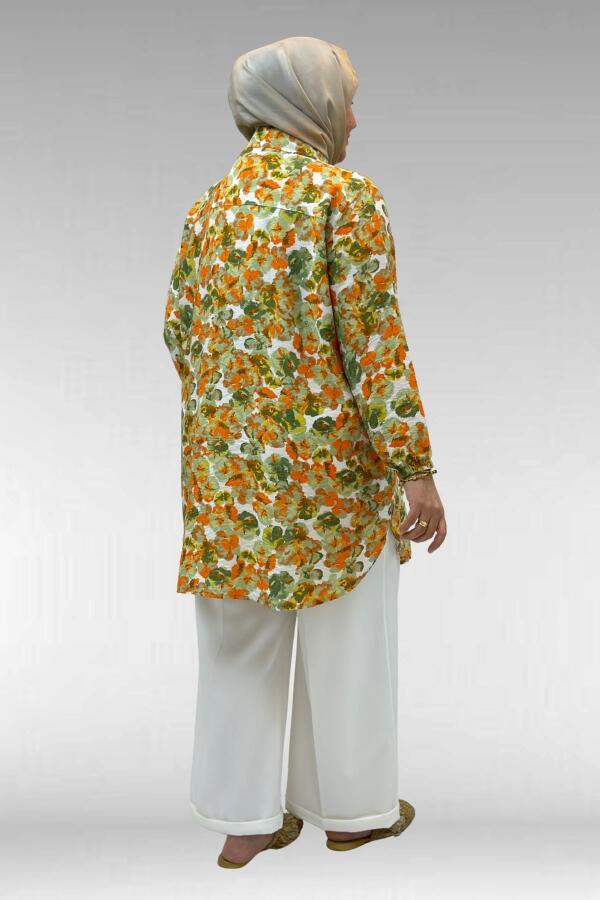 68010 Büyük Beden Yanları Yırtmaçlı Kolları Lastikli Mango Tunik - Çiçek Desen Yeşil - 3