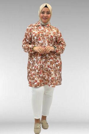 68010 Büyük Beden Yanları Yırtmaçlı Kolları Lastikli Mango Tunik - Çiçek Desenli Kahve - 