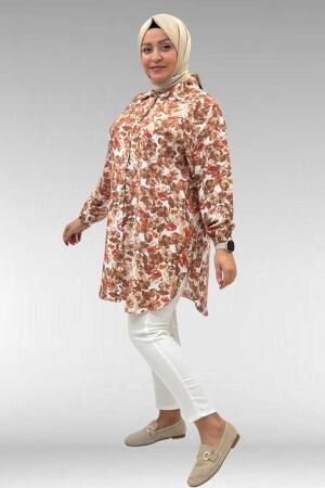 68010 Büyük Beden Yanları Yırtmaçlı Kolları Lastikli Mango Tunik - Çiçek Desenli Kahve - (1)