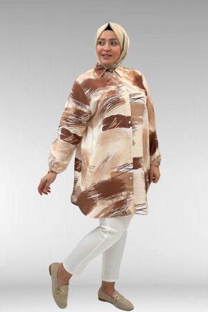 68010 Büyük Beden Yanları Yırtmaçlı Kolları Lastikli Mango Tunik - Desenli Çikolata Kahve - 