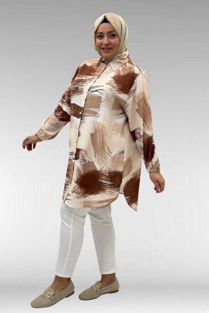 68010 Büyük Beden Yanları Yırtmaçlı Kolları Lastikli Mango Tunik - Desenli Çikolata Kahve - (1)