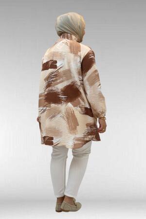 68010 Büyük Beden Yanları Yırtmaçlı Kolları Lastikli Mango Tunik - Desenli Çikolata Kahve - 3