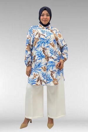 68010 Büyük Beden Yanları Yırtmaçlı Kolları Lastikli Mango Tunik - Desenli Haki - 