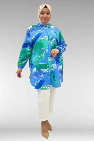 68010 Büyük Beden Yanları Yırtmaçlı Kolları Lastikli Mango Tunik - Desenli Mavi - 