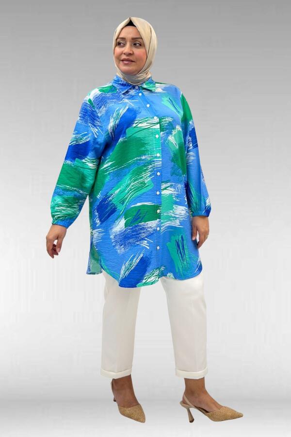 68010 Büyük Beden Yanları Yırtmaçlı Kolları Lastikli Mango Tunik - Desenli Mavi - 2