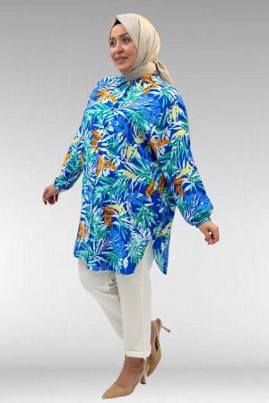 68010 Büyük Beden Yanları Yırtmaçlı Kolları Lastikli Mango Tunik - Desenli Saks - (1)