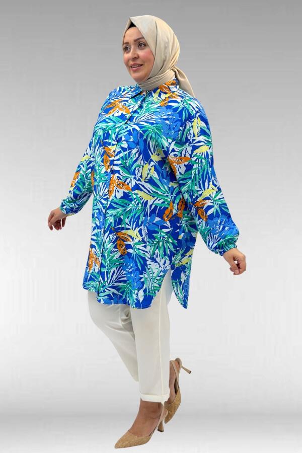 68010 Büyük Beden Yanları Yırtmaçlı Kolları Lastikli Mango Tunik - Desenli Saks - 2