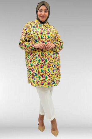 68010 Büyük Beden Yanları Yırtmaçlı Kolları Lastikli Mango Tunik - Desenli Sarı - 