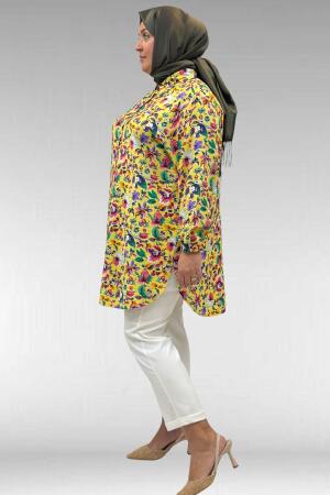 68010 Büyük Beden Yanları Yırtmaçlı Kolları Lastikli Mango Tunik - Desenli Sarı - (1)
