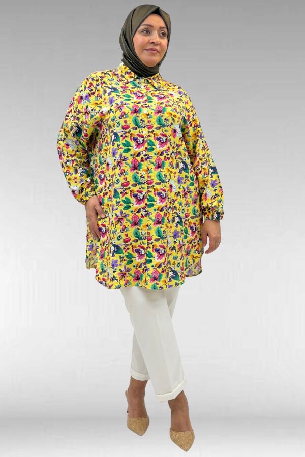 68010 Büyük Beden Yanları Yırtmaçlı Kolları Lastikli Mango Tunik - Desenli Sarı - 3