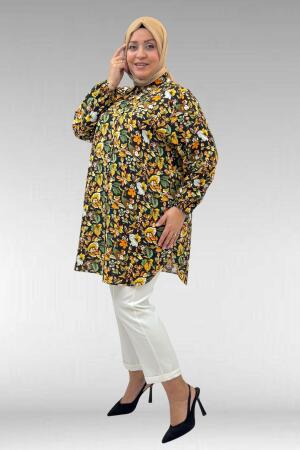 68010 Büyük Beden Yanları Yırtmaçlı Kolları Lastikli Mango Tunik - Desenli Siyah - 