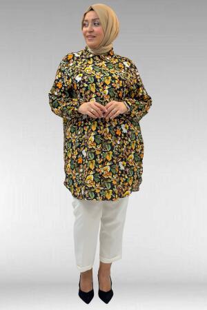 68010 Büyük Beden Yanları Yırtmaçlı Kolları Lastikli Mango Tunik - Desenli Siyah - (1)