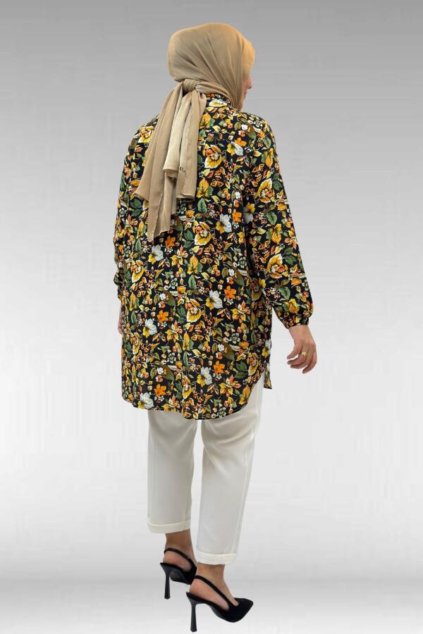 68010 Büyük Beden Yanları Yırtmaçlı Kolları Lastikli Mango Tunik - Desenli Siyah - 3