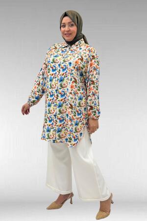 68010 Büyük Beden Yanları Yırtmaçlı Kolları Lastikli Mango Tunik - Desenli Taş - 