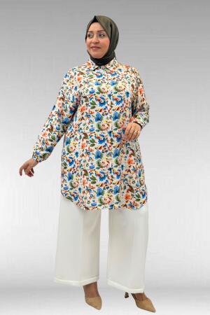 68010 Büyük Beden Yanları Yırtmaçlı Kolları Lastikli Mango Tunik - Desenli Taş - (1)