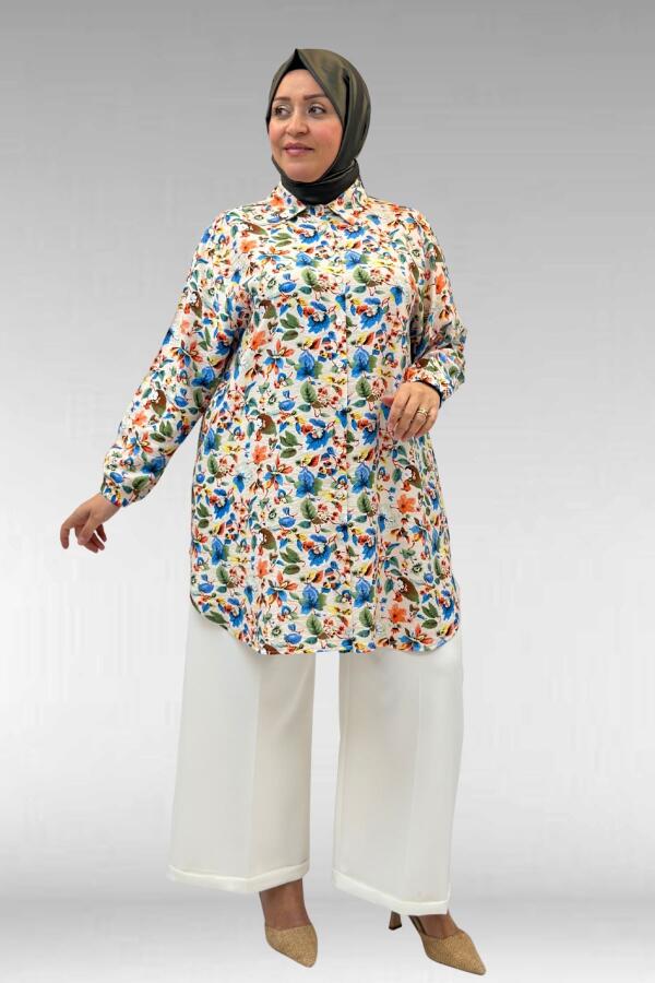 68010 Büyük Beden Yanları Yırtmaçlı Kolları Lastikli Mango Tunik - Desenli Taş - 2