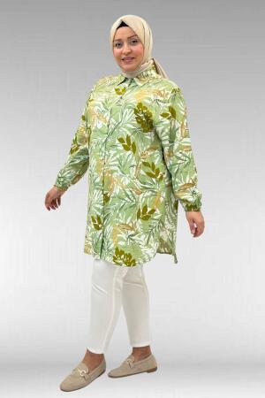 68010 Büyük Beden Yanları Yırtmaçlı Kolları Lastikli Mango Tunik - Yaprak Desen Vizon - 