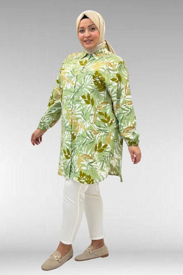68010 Büyük Beden Yanları Yırtmaçlı Kolları Lastikli Mango Tunik - Yaprak Desen Vizon - 1