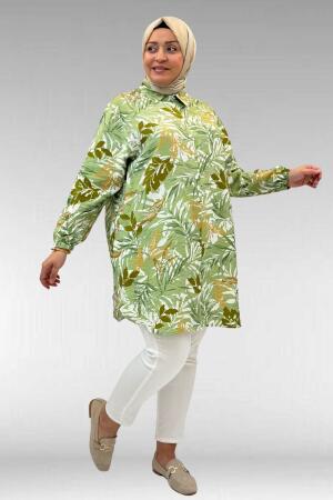 68010 Büyük Beden Yanları Yırtmaçlı Kolları Lastikli Mango Tunik - Yaprak Desen Vizon - (1)