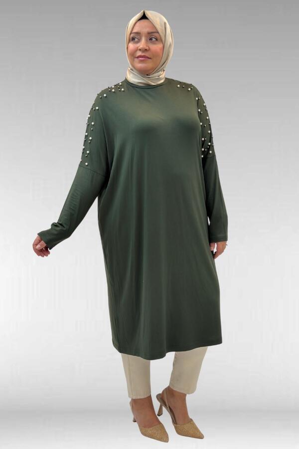 68012 Büyük Beden Omuzları Taş Detaylı Penye Tunik - Haki - 2