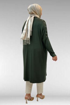 68012 Büyük Beden Omuzları Taş Detaylı Penye Tunik - Haki - 3