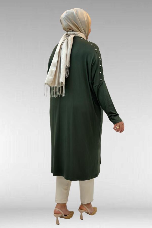 68012 Büyük Beden Omuzları Taş Detaylı Penye Tunik - Haki - 3