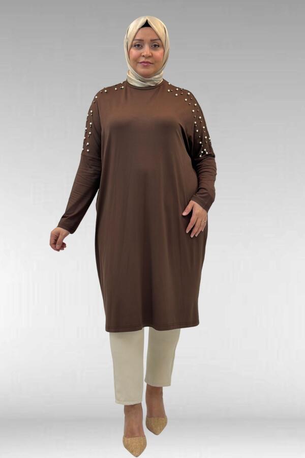 68012 Büyük Beden Omuzları Taş Detaylı Penye Tunik - Kahve - 1