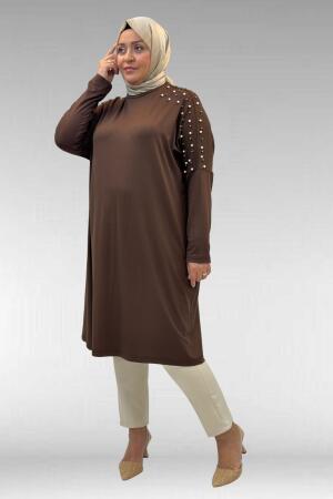 68012 Büyük Beden Omuzları Taş Detaylı Penye Tunik - Kahve - (1)