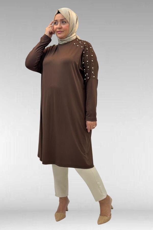 68012 Büyük Beden Omuzları Taş Detaylı Penye Tunik - Kahve - 2