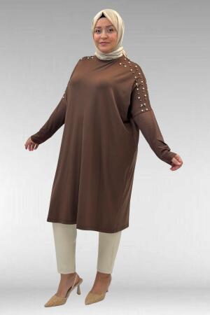 68012 Büyük Beden Omuzları Taş Detaylı Penye Tunik - Kahve - 3