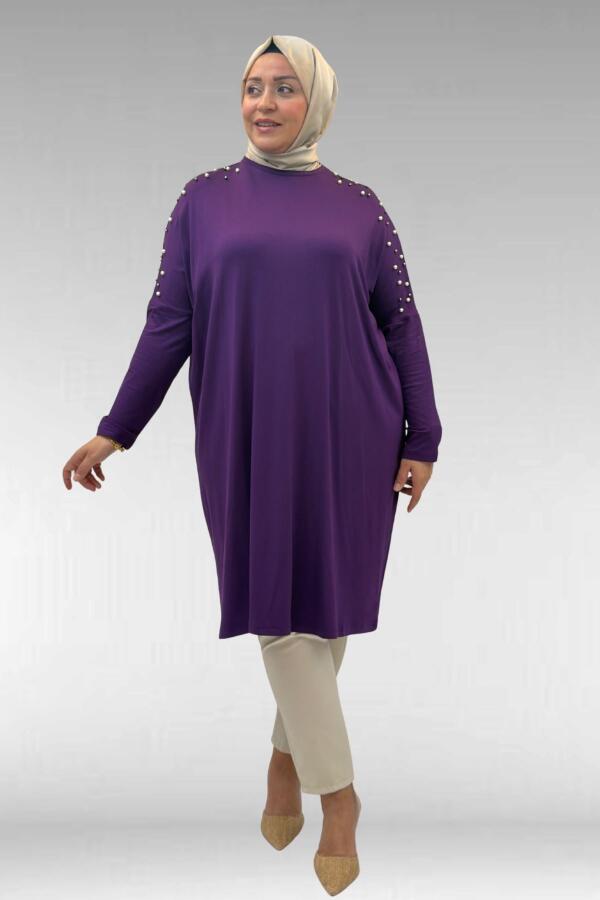 68012 Büyük Beden Omuzları Taş Detaylı Penye Tunik - Mor - 2