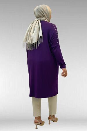 68012 Büyük Beden Omuzları Taş Detaylı Penye Tunik - Mor - 3