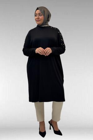 68012 Büyük Beden Omuzları Taş Detaylı Penye Tunik - Siyah - (1)