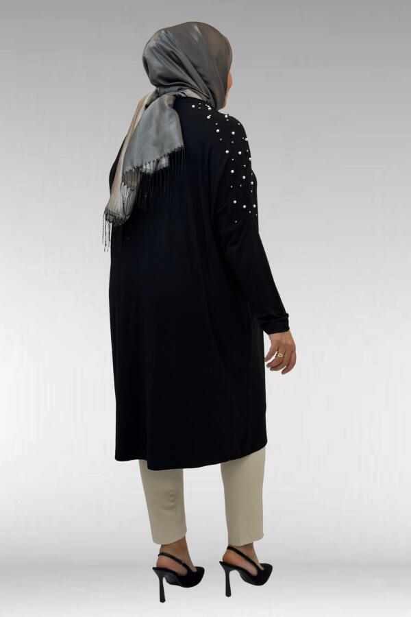 68012 Büyük Beden Omuzları Taş Detaylı Penye Tunik - Siyah - 3