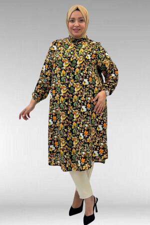 68014 Büyük Beden Hakimyaka Çift Düğmeli Mango Tunik - Desenli Siyah - 1