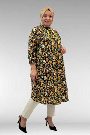 68014 Büyük Beden Hakimyaka Çift Düğmeli Mango Tunik - Desenli Siyah - 3