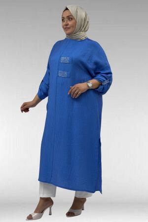68044 Büyük Beden Taş Baskı Detaylı Double Tensel Tunik - İndigo - (1)