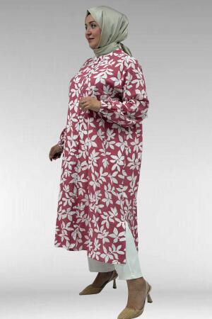 68046 Büyük Beden Hakim Yaka Boydan Düğmeli Mango Tunik - Yaprak Desen Pembe - (1)
