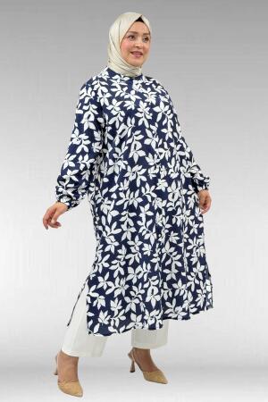 68046 Büyük Beden Hakim Yaka Boydan Düğmeli Mango Tunik - Yaprak Desenli Lacivert - (1)