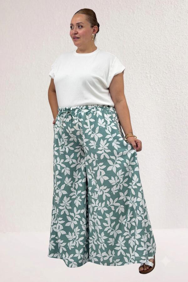 69010 Büyük Beden Beli Lastikli Mango Pantolon Etek - Yaprak Desen Nefti - 2