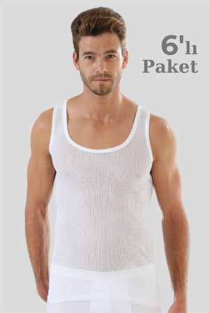 6'lı Paket Beyaz Erkek Fileli Atlet %100 Pamuklu Delikli Yazlık Erkek Atlet - 1