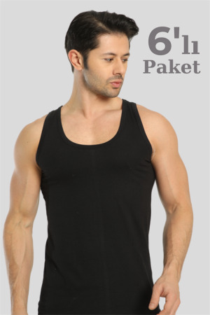 6'lı Paket Siyah Erkek Atlet %100 Pamuk Penye - 1
