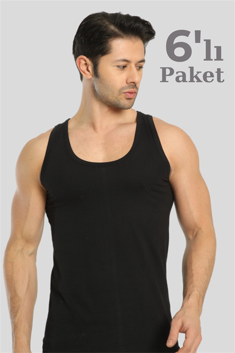 6'lı Paket Siyah Erkek Atlet %100 Pamuk Penye - 1