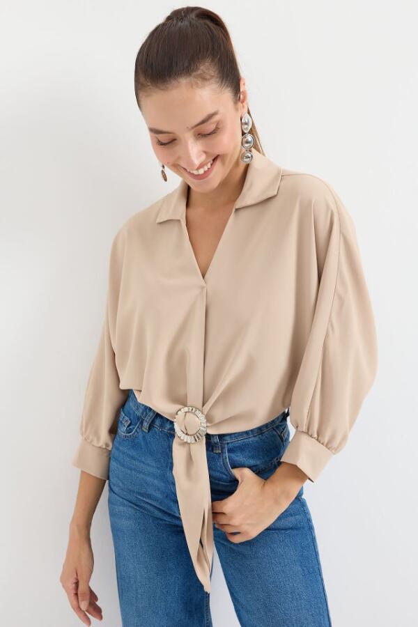 905 Oversize Dökümlü Bluz - Bej - 1