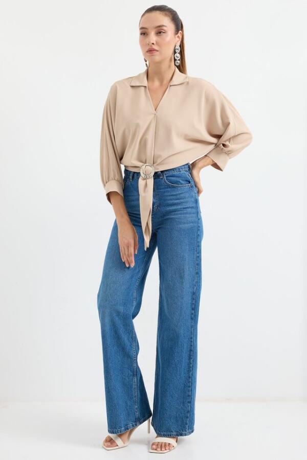 905 Oversize Dökümlü Bluz - Bej - 2