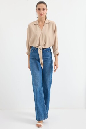905 Oversize Dökümlü Bluz - Bej - 3