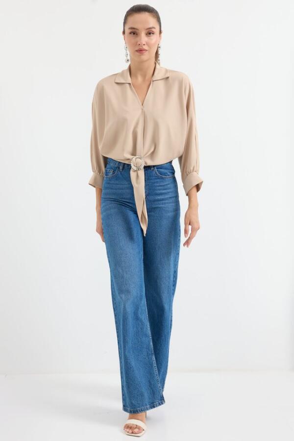 905 Oversize Dökümlü Bluz - Bej - 3