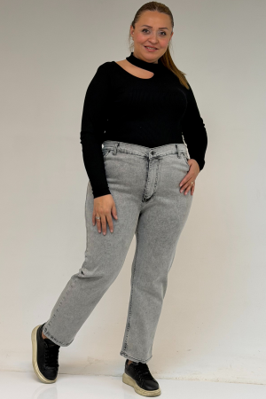 9125-6 Büyük Beden Boy Friend Kot Pantolon - Kar Yıkama Gri - 